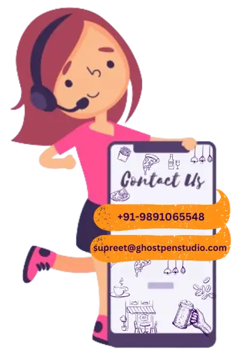 Cartoon support girl agent holding a Contact Us sign with Ghost Pen Studio’s phone number and email